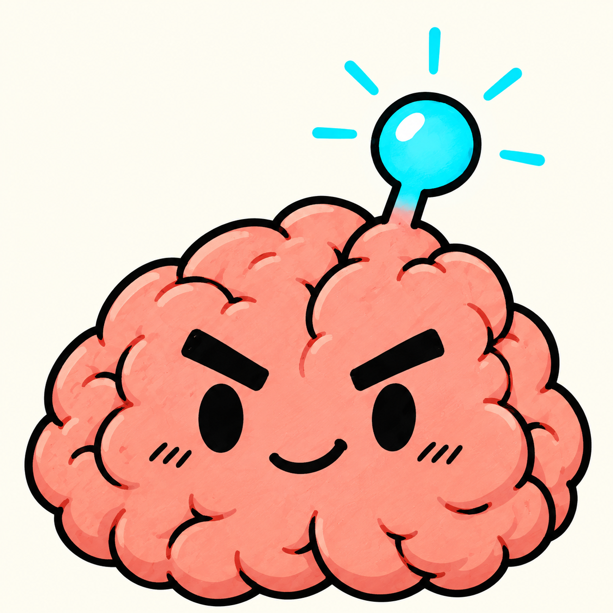 The smiling pink Brain OFF mascot with a single lightbulb-shaped neuron on its head.